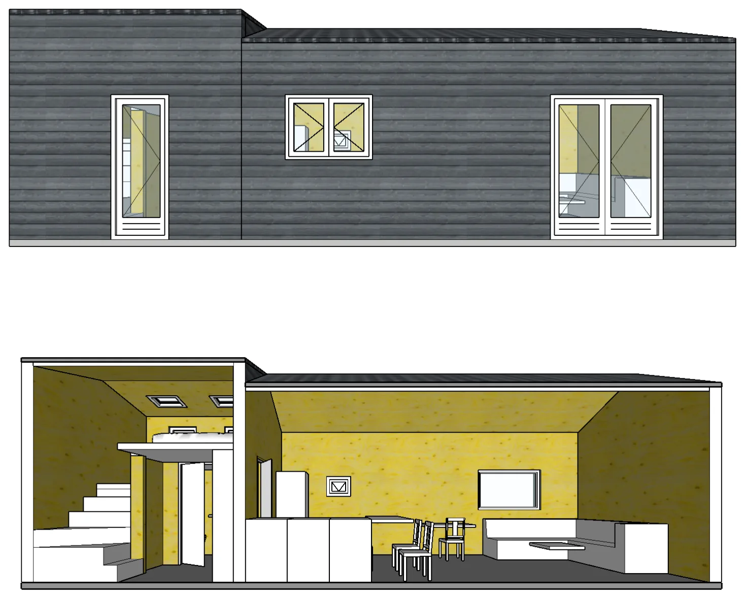 Lange gevel van een tiny house met donkere horizontale beplating, en daaronder een doorsnede over de lengte met trap, slaapvide, keuken, eettafel en zitbank
