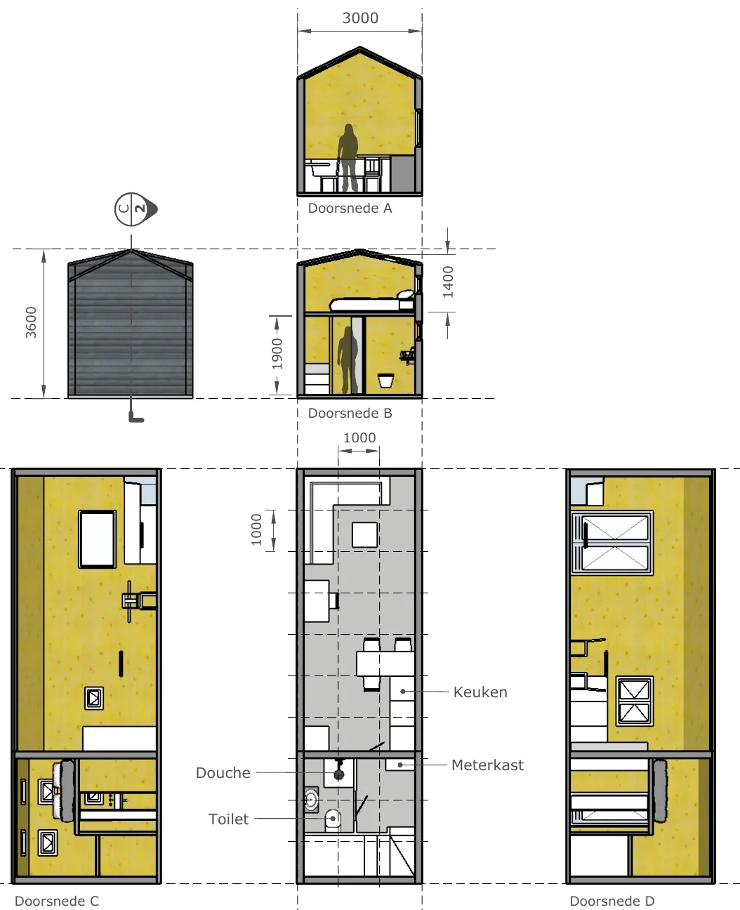 Plattegrond van een smal huis met keuken, meterkast, douche en toilet, met daaromheen een kopgevel, twee dwarsdoorsneden en twee wandaanzichten, voorzien van maatvoering