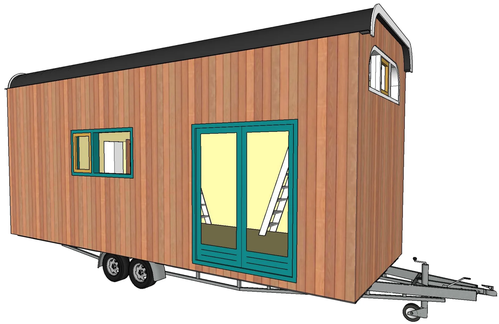 3D-beeld van een tiny house op een aanhanger met verticale houten gevelbekleding, een gebogen dak en groene openslaande deuren