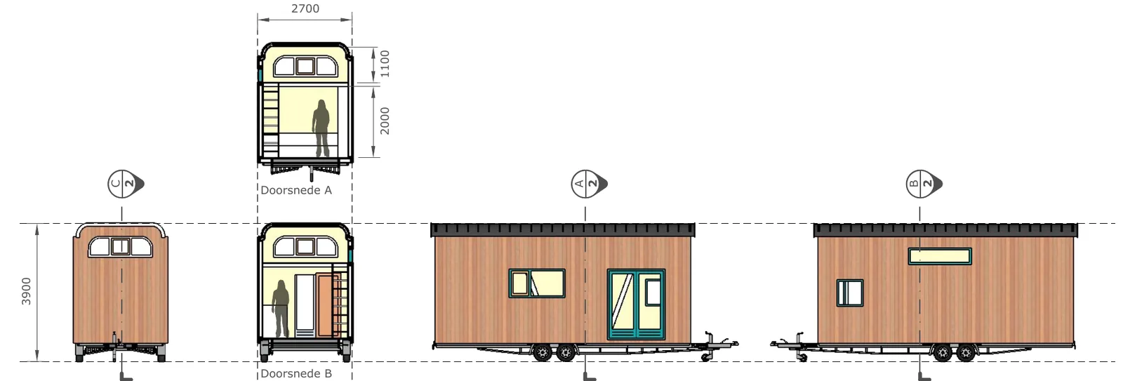 Kopgevel, twee dwarsdoorsneden en twee lange gevels van een tiny house op een aanhanger, met maatvoering